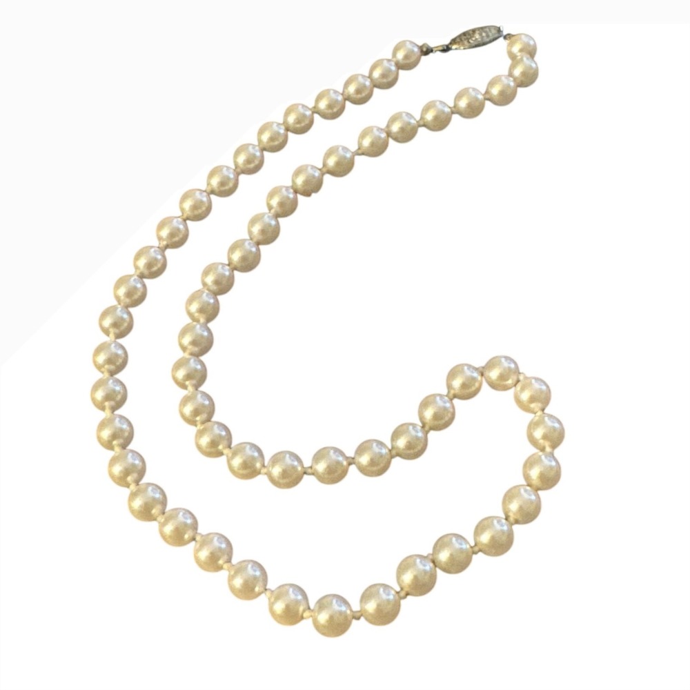 Vintage Style White Faux Pearl Strand Necklace Silver Tone Filigree Clasp 18in